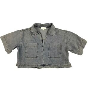 Mable Anthropologie Denim Cropped Shirt Jacket Womens Medium Short Sleeve Pocket